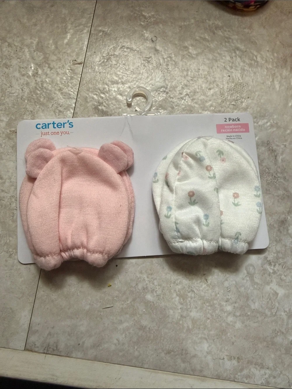 Carter's Pink Bear Ear and White Floral Newborn Mittens - 2 Pack